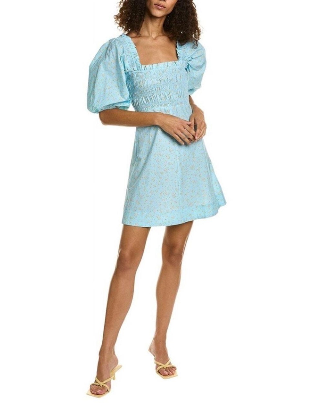 Ganni Light Blue Puff-Sleeve Smocked Mini Dress